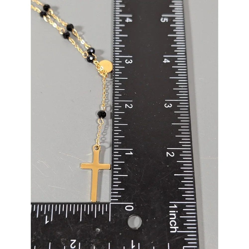 Gold Tone Black Glass Bead Y Neckalce Cross‎ Pendant Lariat Elegant 20 in